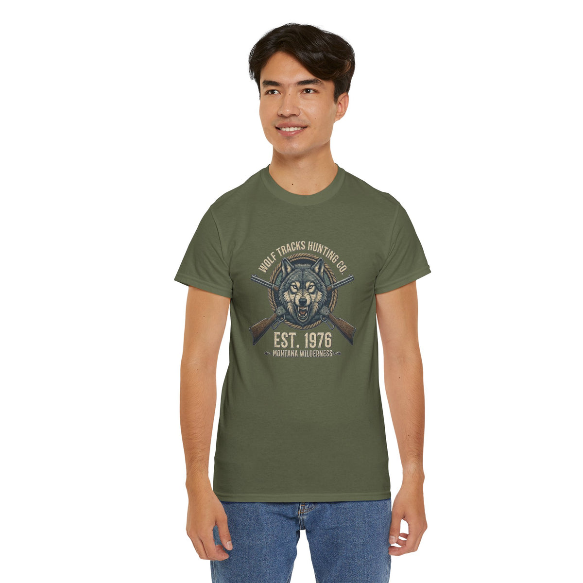 Wolf Head with Crossed Rifles T-Shirt | Hunting Club EST. 1976
