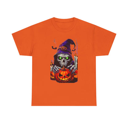 Grinning Skull Witch with Jack-O'-Lantern Tee | Halloween Skull Shirt