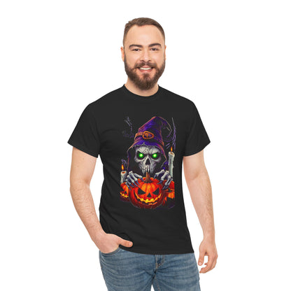 Grinning Skull Witch with Jack-O'-Lantern Tee | Halloween Skull Shirt