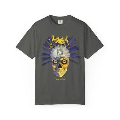 Camiseta Havok Conformicide Skull Sunburst Graphic | Arte de banda de thrash metal amarillo y azul