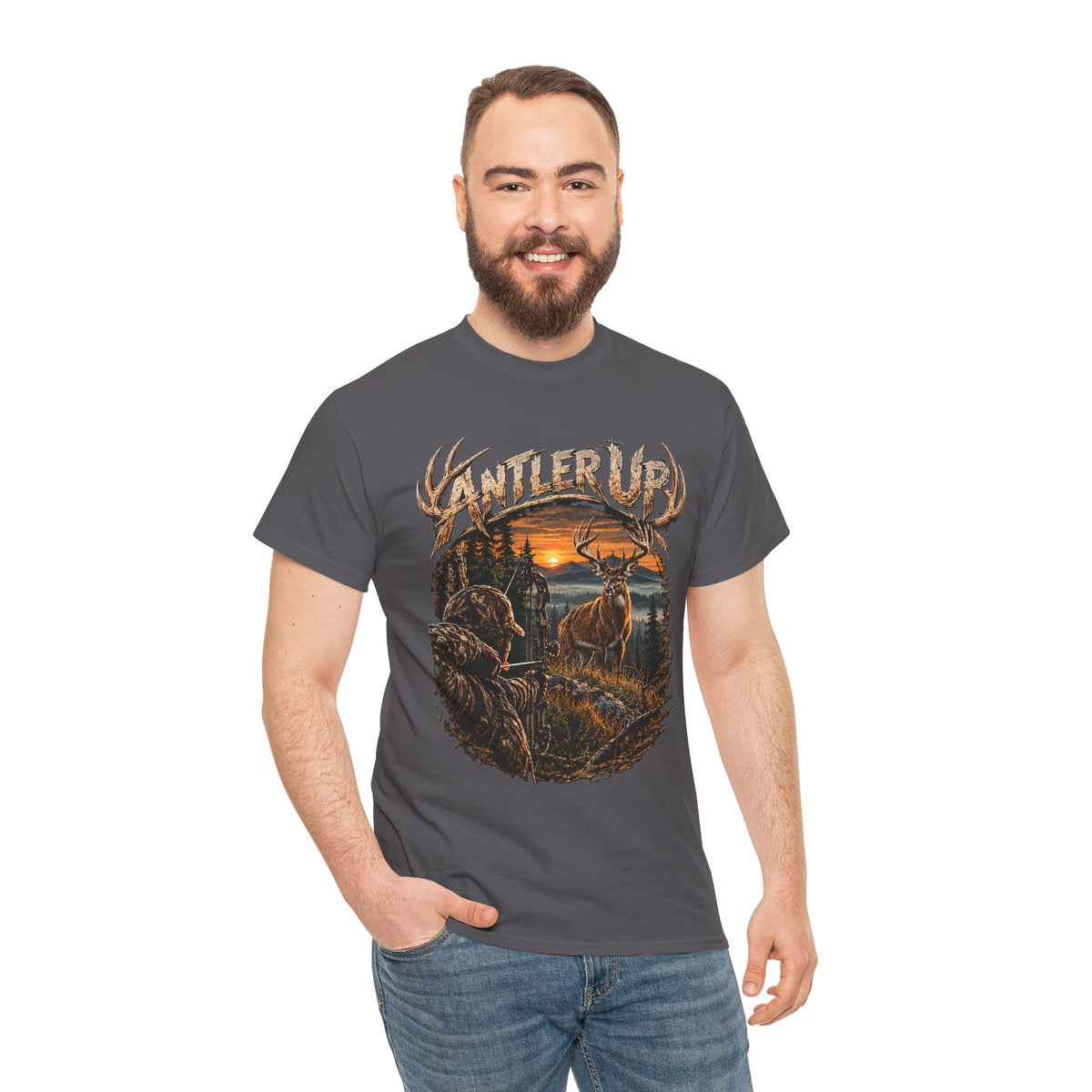 T-shirt Antler Up Deer Sunset | Scène de chasse, cerf en forêt