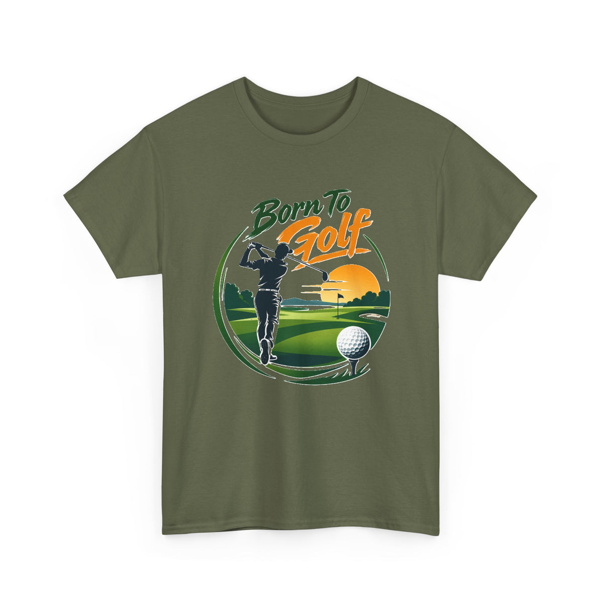 Camiseta Nacido para el golf | Silueta de golfista, escena de campo al atardecer