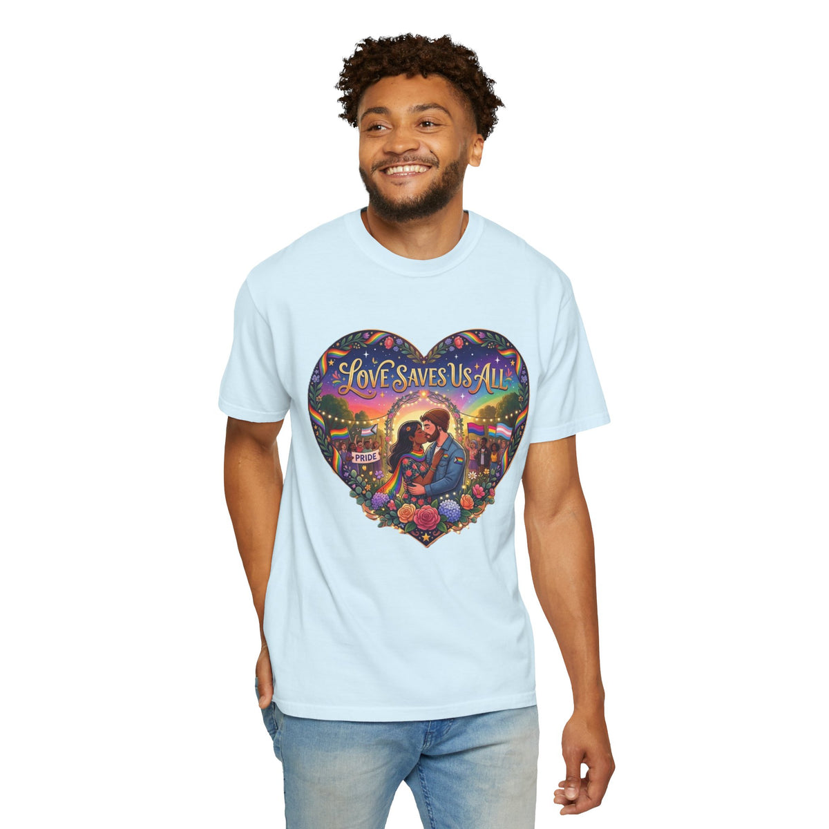 Love Saves Us All heart illustration LGBTQ T-shirt | Romantic couple, colorful sunset graphic scene tee