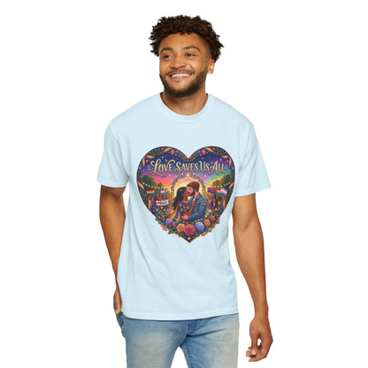 Love Saves Us All heart illustration LGBTQ T-shirt | Romantic couple, colorful sunset graphic scene tee