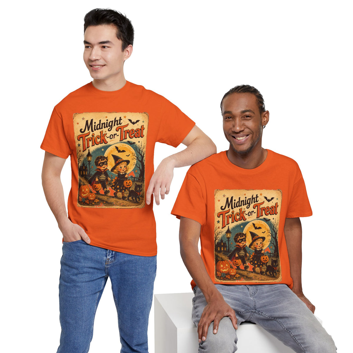 Camiseta de Halloween para niños "Midnight Trick-or-Treat" | Diseño vintage de gato y calabaza