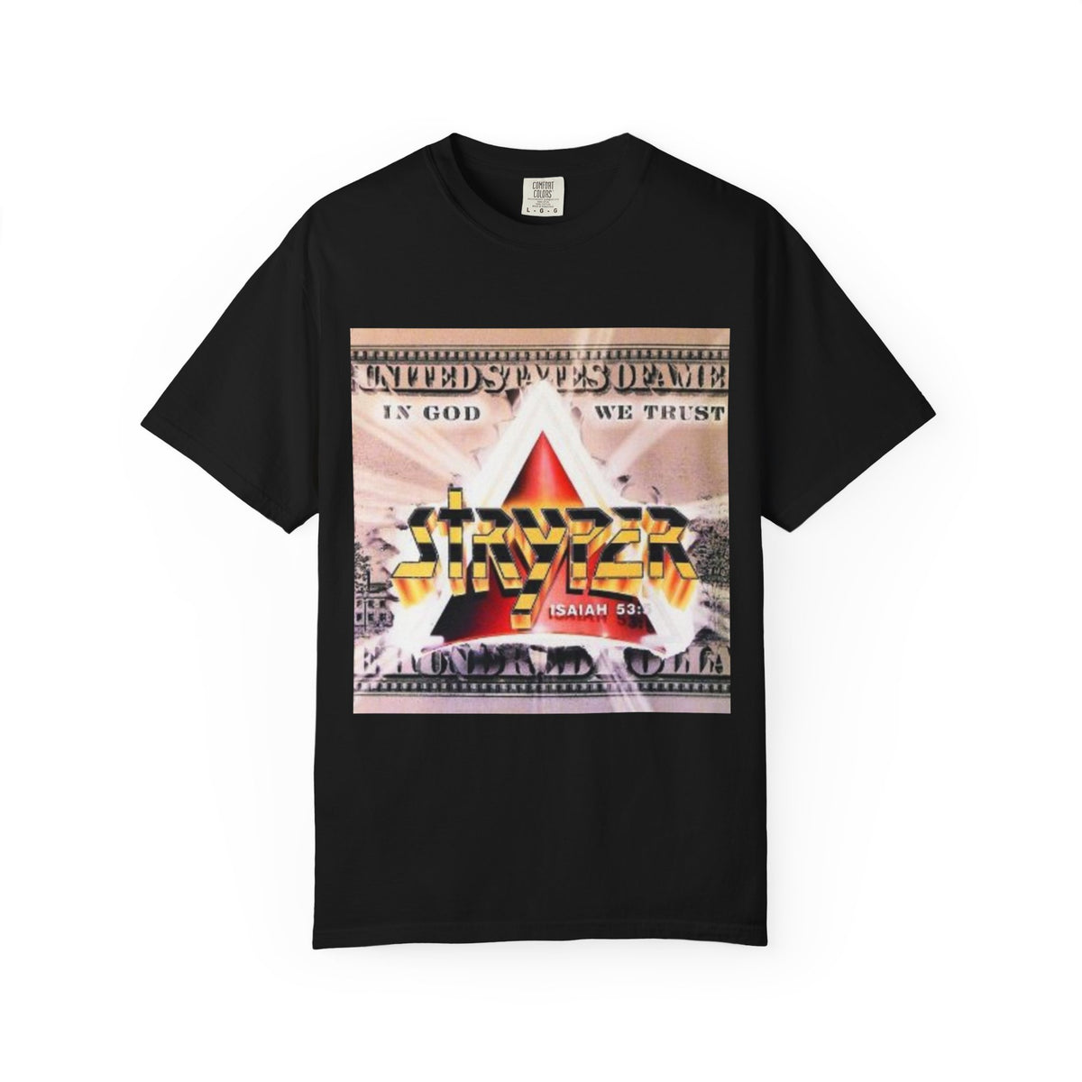 Stryper In God We Trust Album Artwork Graphic T-shirt | Retro Hard Rock Band Collage Tee