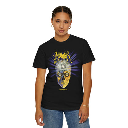 Camiseta Havok Conformicide Skull Sunburst Graphic | Arte de banda de thrash metal amarillo y azul