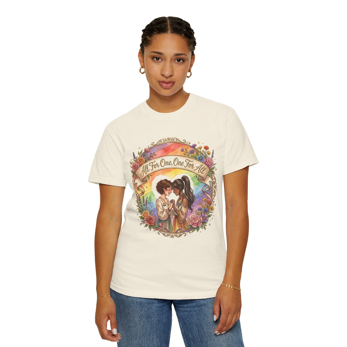 T-shirt Fierté LGBTQ « Tous pour un, un pour tous » | Illustration d'amour, motif de cœur floral
