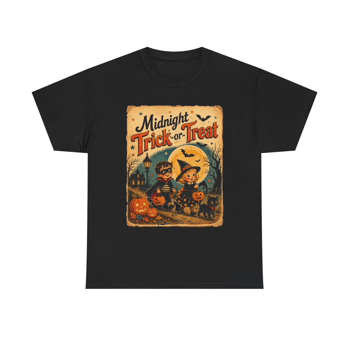 Camiseta de Halloween para niños "Midnight Trick-or-Treat" | Diseño vintage de gato y calabaza
