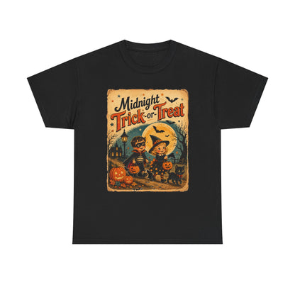 Camiseta de Halloween para niños "Midnight Trick-or-Treat" | Diseño vintage de gato y calabaza
