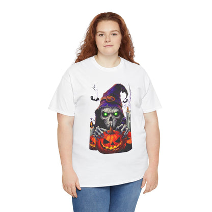 Grinning Skull Witch with Jack-O'-Lantern Tee | Halloween Skull Shirt