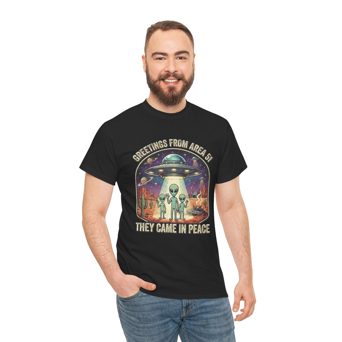 Greetings From Area 51 They Came In Peace Tee | Alien UFO Desert Scene