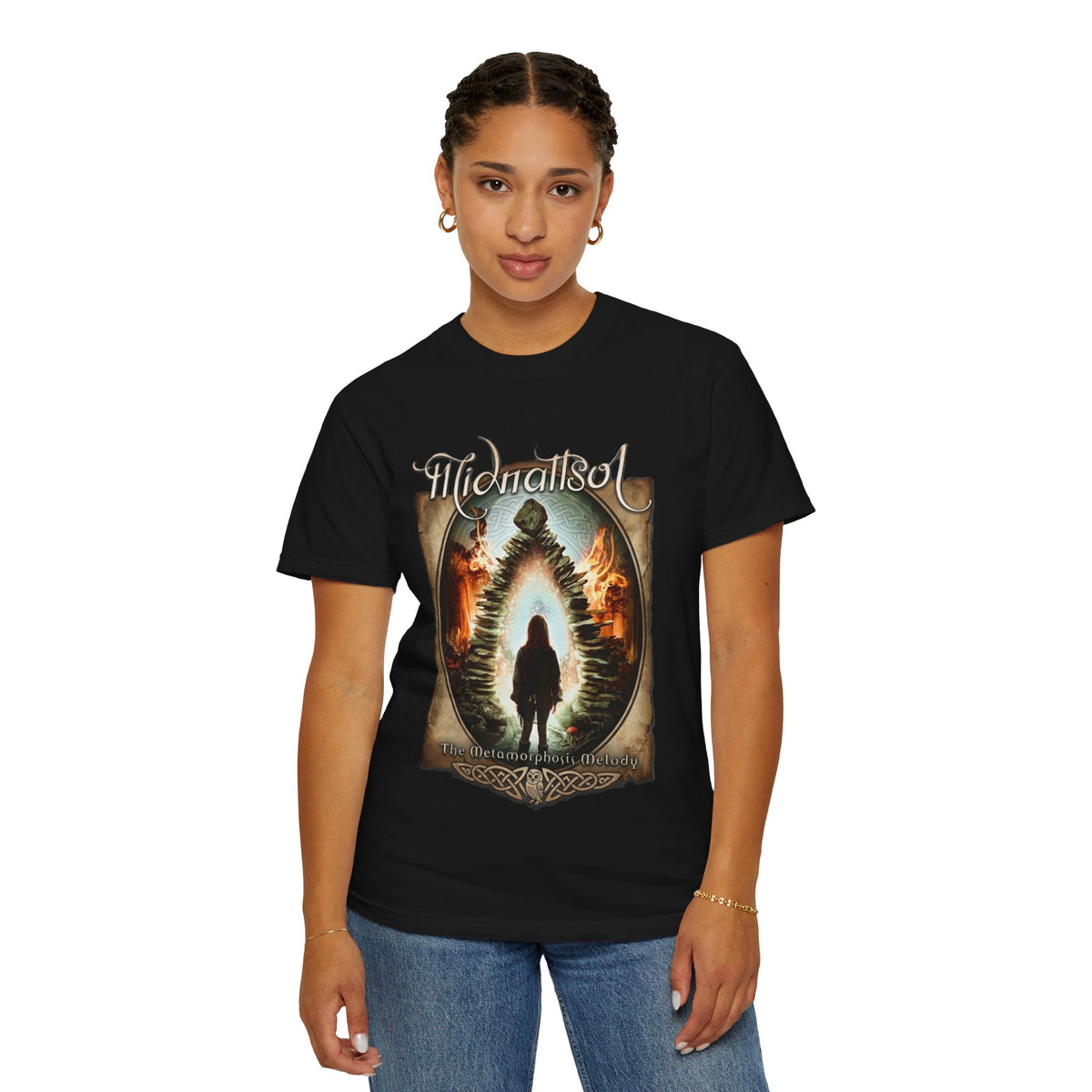 Camiseta con diseño de portal y silueta de la melodía de metamorfosis de Midnattsol | Camiseta con arte de banda de folk metal gótico