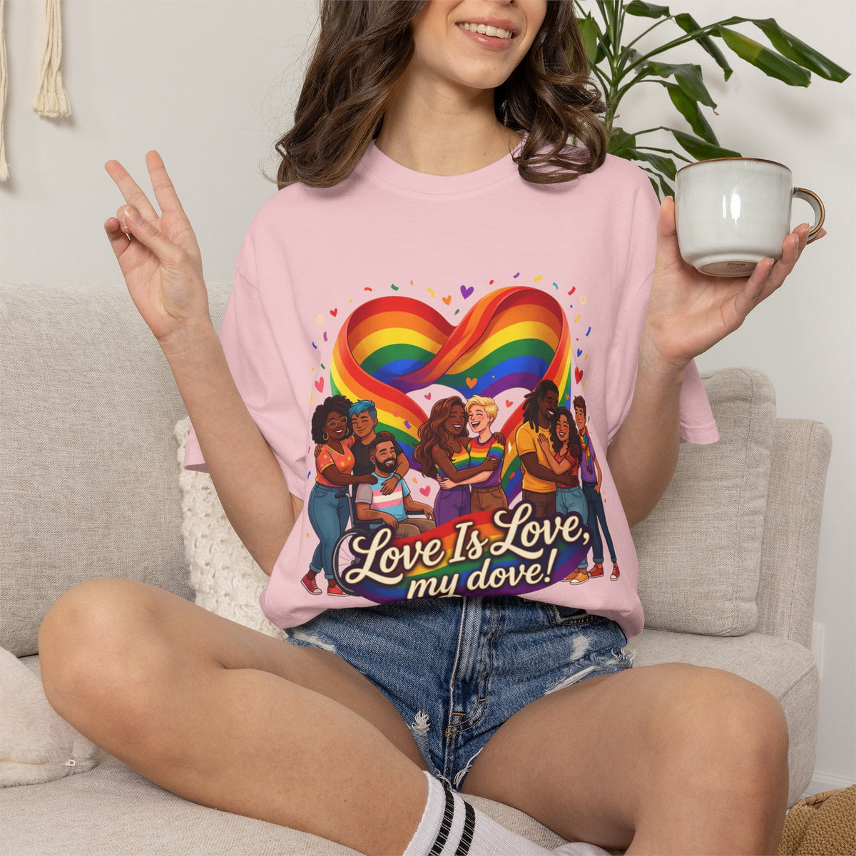T-shirt LGBTQ cœur arc-en-ciel Love Is Love | T-shirt avec illustration de fierté LGBTQ pour couples diversifiés