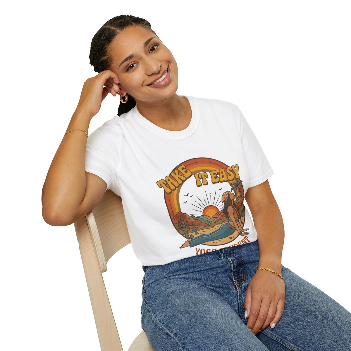 Take It Easy Yoga Student T-Shirt | Retro Sunset Surfing Pose