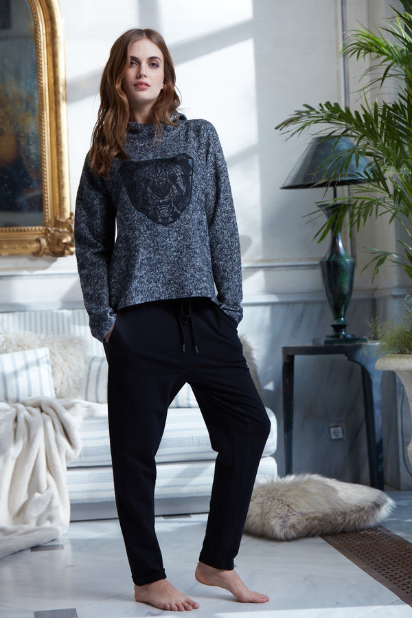 Loomerie Sweater Hoodie Set for Women Grey and Black Tiger Face Design Black Sweatpants Loungewear