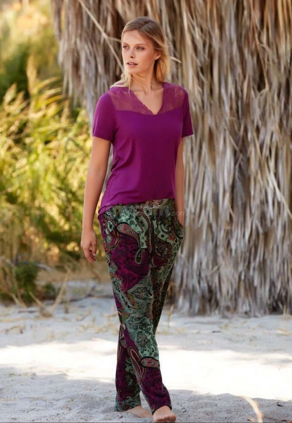Loomerie Loungewear Pajamas for Women Set Lightweight Purple V-Neck Top with Lace Detail and Tapered Paisley Print Pants