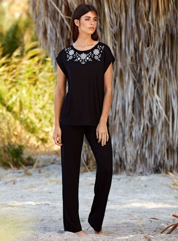 Loomerie Loungewear Pajamas for Women Lightweight Black Short-Sleeve Top with White Floral Embroidery Detail and Black Pants