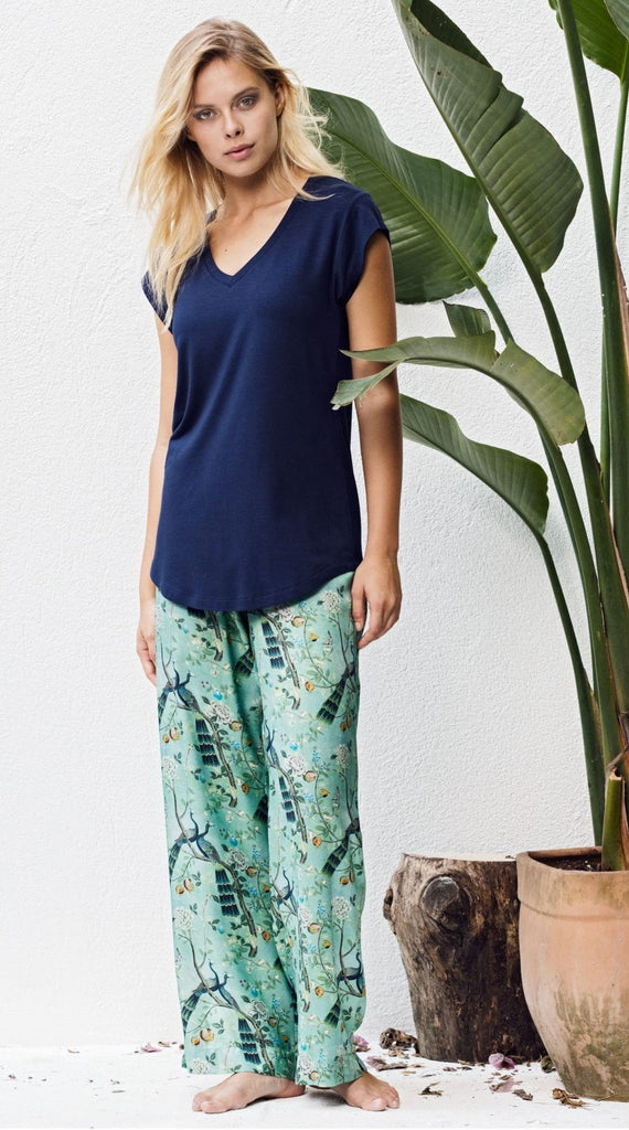 Loomerie Loungewear Pajamas for Women Lightweight Navy V-Neck Short-Sleeve Top Silky Wide-Leg Pants Floral Peacock Print
