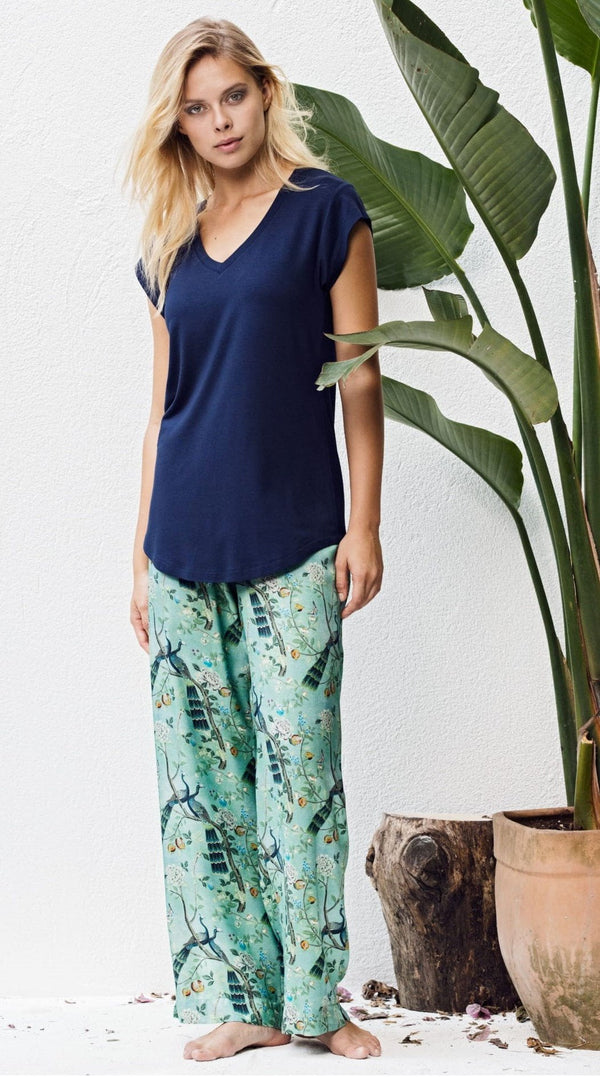 Loomerie Loungewear Pajamas for Women Lightweight Navy V-Neck Short-Sleeve Top Silky Wide-Leg Pants Floral Peacock Print