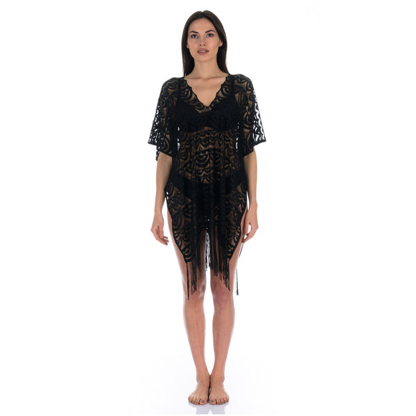 Loomerie Beach Coverups for Women Scalloped Crochet Deep V-Neck (One Size (US 0-10), Black)