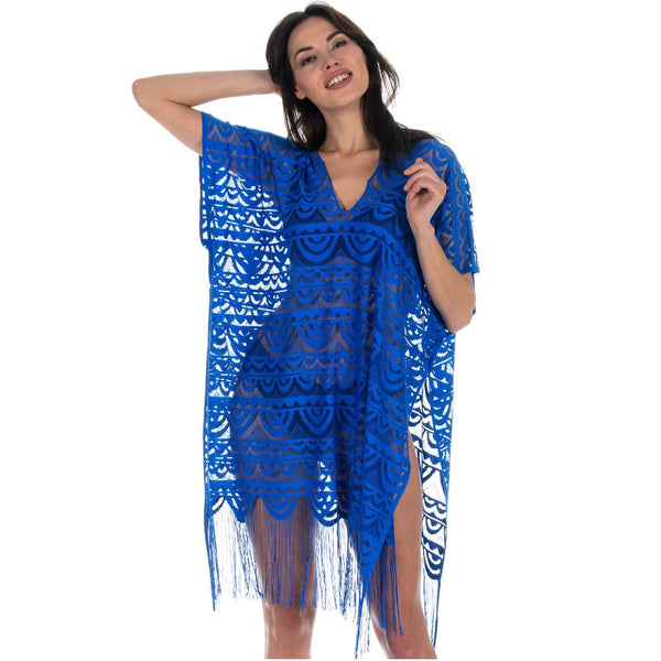 Loomerie Beach Coverups for Women Scalloped Crochet Deep V-Neck (One Size (US 0-10), Blue)