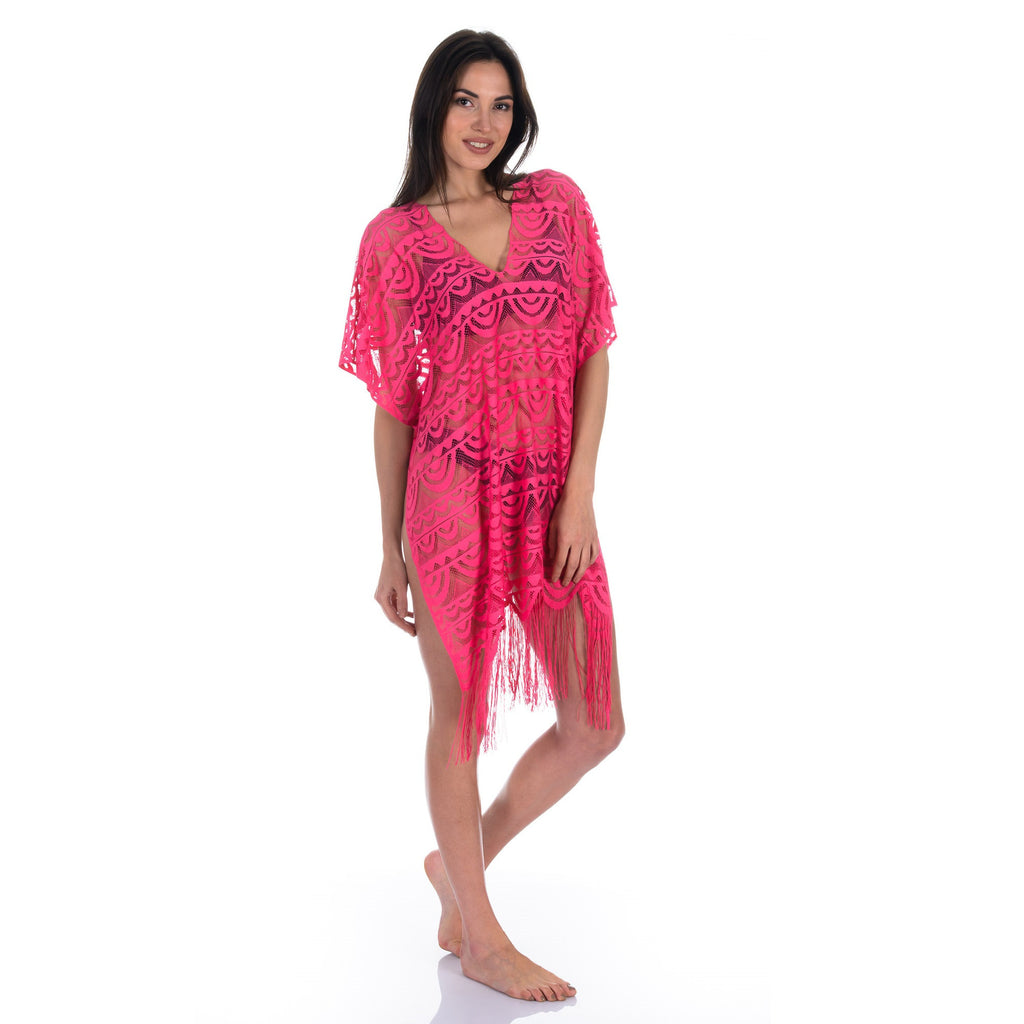 Loomerie Beach Coverups for Women Scalloped Crochet Deep V-Neck (One Size (US 0-10), Pink)